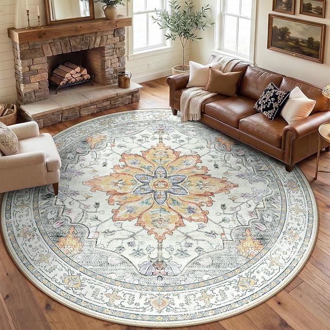 RELEANY Area Rugs 8ft Washable Non-Slip, Floral Vintage Distress Print Pattern by RELEANY