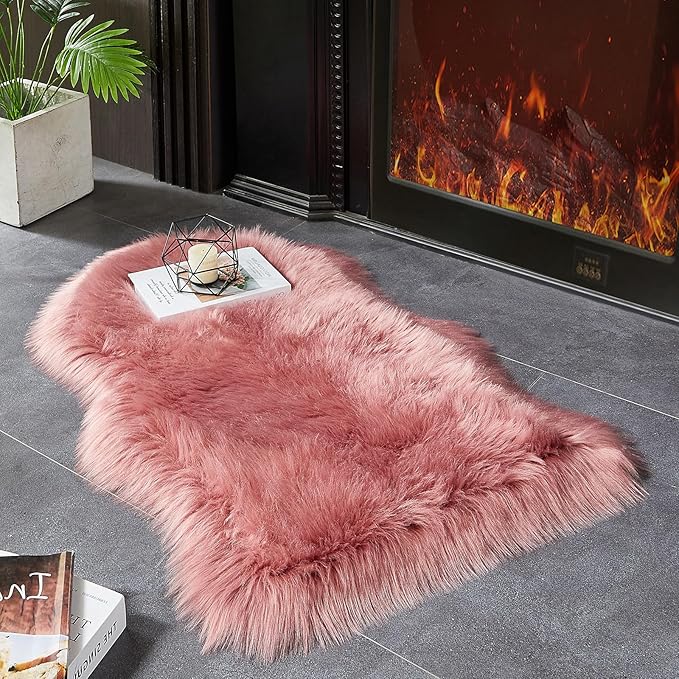 AMTOVO Faux Fur Rug, Blush Pink Small Area Rug, Fluffy Sheepskin Rug, Fuzzy by AMTOVO
