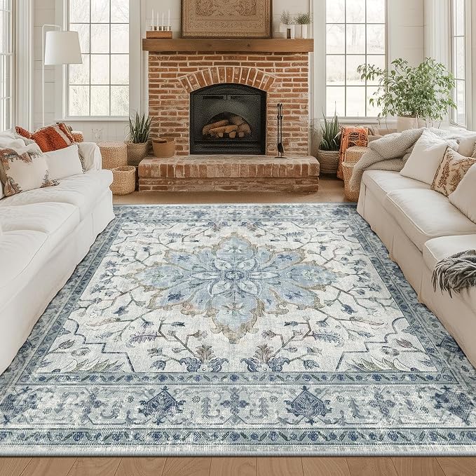 Area Rugs Square 8ft Washable Non-Slip, Floral Vintage Distress Print Pattern by RELEANY