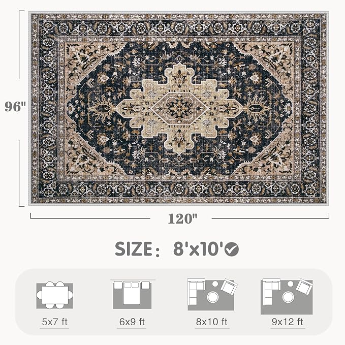 Area Rug 8x10 Vintage Rugs: Large Washable Living Room Rug Retro Medallion - Image 2