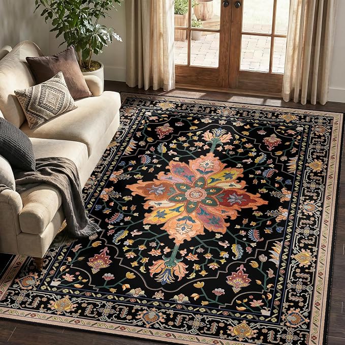 Area Rugs 5'x7' Washable Non-Slip, Floral Vintage Distress Print Pattern - Image 3