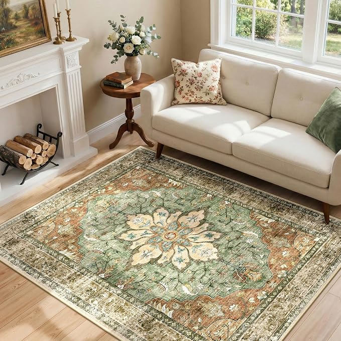 Area Rugs 4'x6' Washable Non-Slip, Floral Vintage Distress Print Pattern by RELEANY