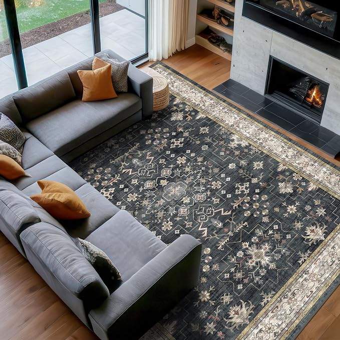 Black Boho Rug for Living Room 8x12 by HazoHaus