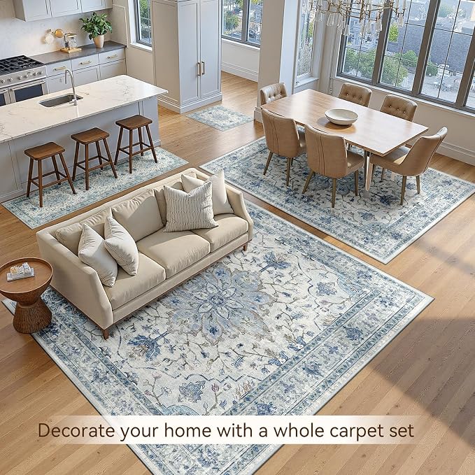 Area Rugs Square 8ft Washable Non-Slip, Floral Vintage Distress Print Pattern - Image 2