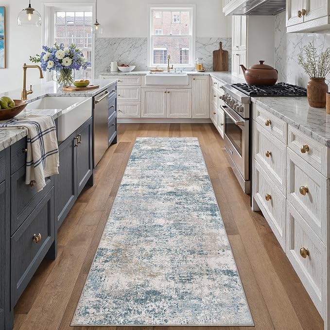 Blue 2x8 Runner Rug Washablel Abstract Hallway Carpet Modern Neutral Non Slip - Image 2