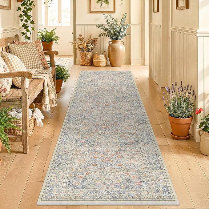 Beige Blue Washable 2x8 Runner Rug - Image 8