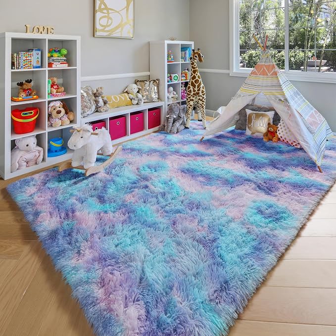 ONASAR Fluffy Area Rugs for Girls Bedroom, 4x6 Purple Rainbow Bedside Rug by ONASAR