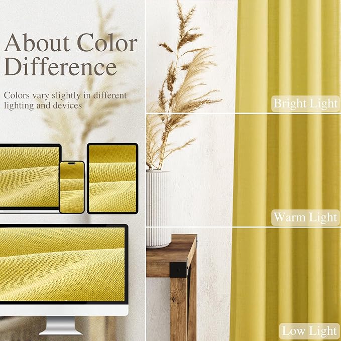 Nanspring Celery Yellow Linen Curtains 90 Inches Long 2 Panel Set Back Tab Rod - Image 3