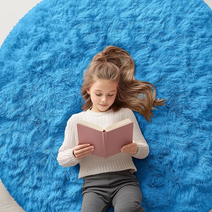 OLANLY Bright Blue Round Rugs for Bedroom by OLANLY