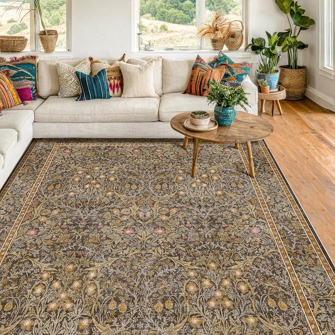 Gold Brown Floral Living Room Rug 5x7 by HazoHaus