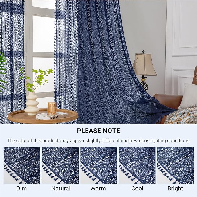 WAZZIO Boho Lace Curtains 84 Inches 2 Panel, Light Filtering Privacy Tassel & - Image 7