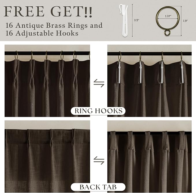 Linen Pleated Semi Sheer Dark Chocolate Back Tab Curtains 120 Inches Long | - Image 6