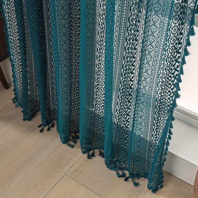 WAZZIO Boho Lace Curtains 72 Inches 2 Panel, Light Filtering Privacy Tassel & - Image 7