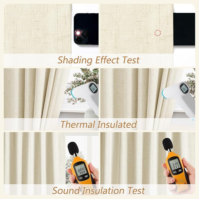Guken Warm Beige 100% Blackout Linen Curtains 102 Inch Length 2 Panels Set - Image 5
