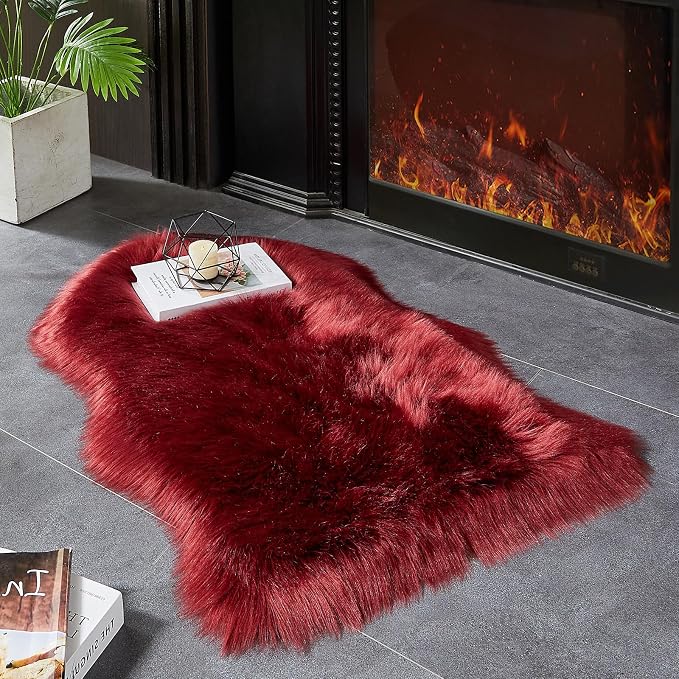 AMTOVO Faux Fur Rug, Burgundy Small Area Rug, Fluffy Sheepskin Rug, Fuzzy Ultra - Image 2