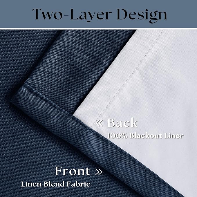 Navy Blue Pinch Pleated Full Blackout Linen 80 Inch Window Curtains | Room - Image 4
