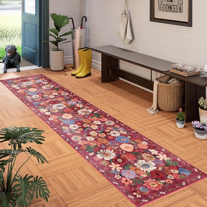 Floral Hallway Runner Carpet Non-Slip, 2x10 Washable Rug Ultra-Thin Soft - Image 2