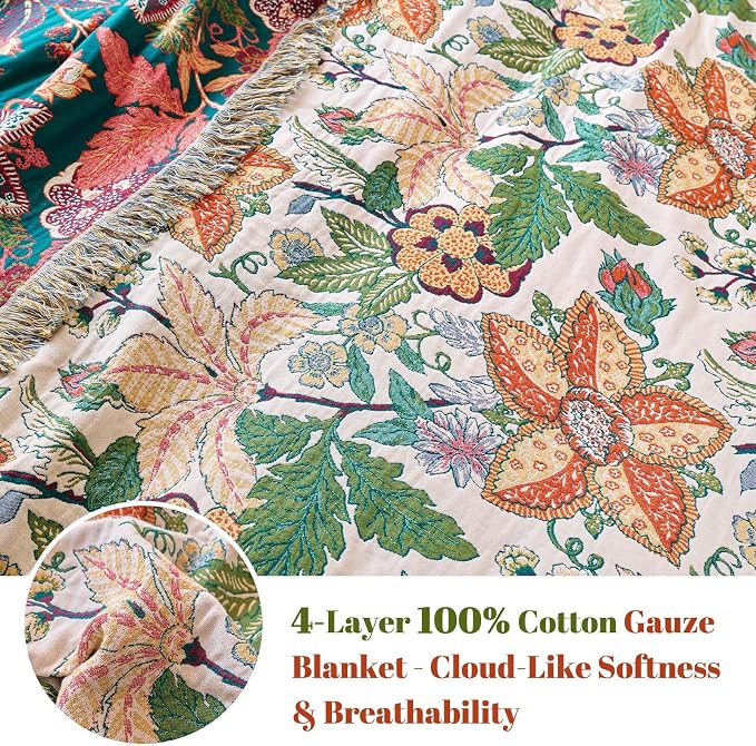 MSGKV Boho Throw Blanket for Bed Twin Size 100% Cotton Floral Blanket 60"x80" - Image 4