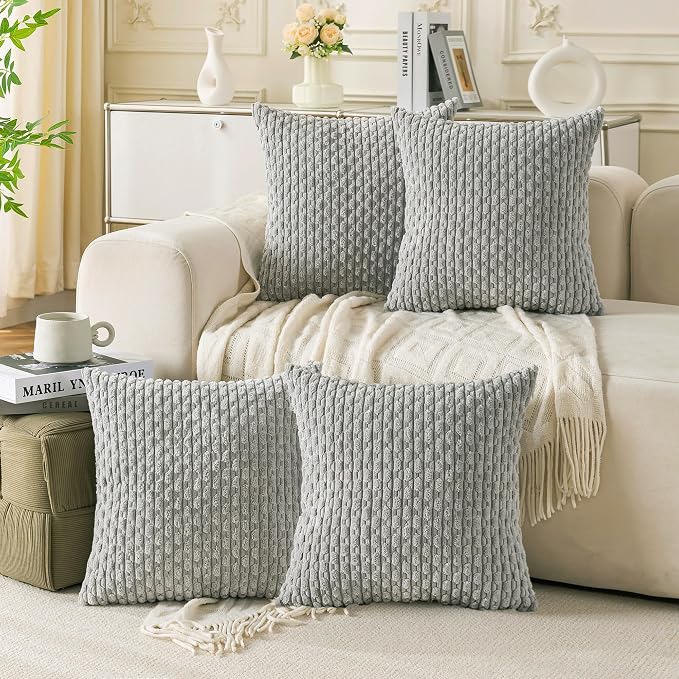 Set of 4 Grey Decorative Throw Pillow Covers 26x26 Inch Corduroy Pillow Covers by Cozoomy