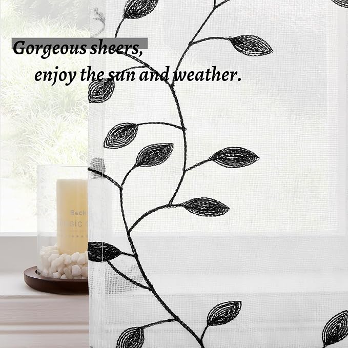 MRTREES Sheer Curtain Valance 2 Panels, Rod Pocket Voile Leaves Embroidered - Image 3