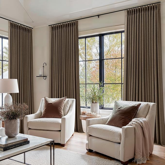 Thick Linen Pleated Brown Blackout Double Layer Curtains 90 Inches Long | Room - Image 8