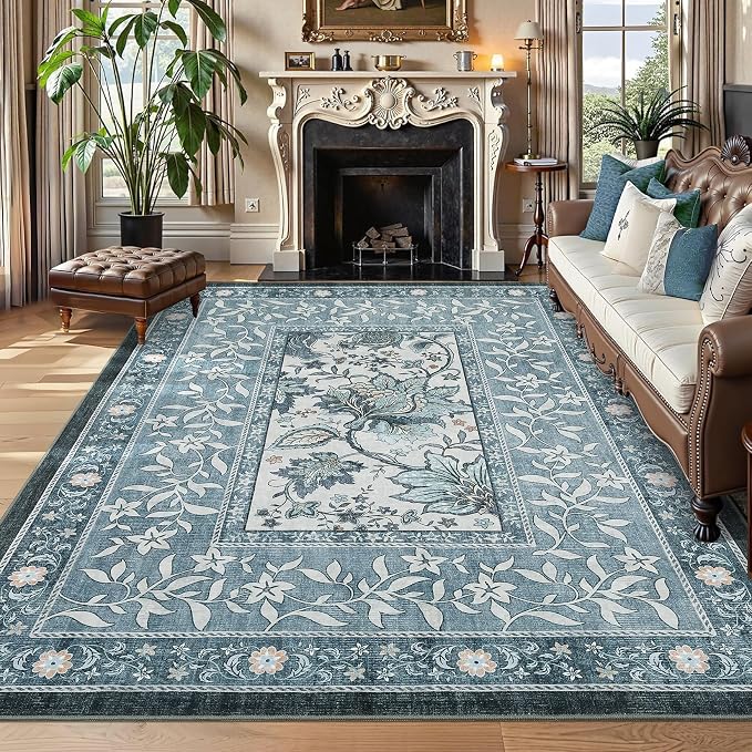 GarveeHome Provence Misty Blue 6x9 Area Rugs, Botanical Grove Vintage by GarveeHome