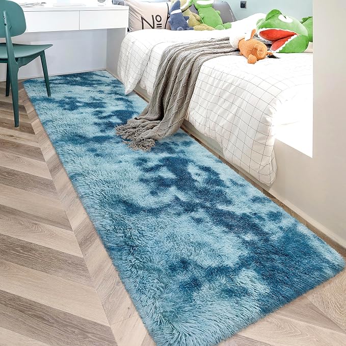 Super Soft Fluffy Living Room Area Rug 2x10 ft Tie-Dyed Light Blue Shaggy Furry by JiaoBaba