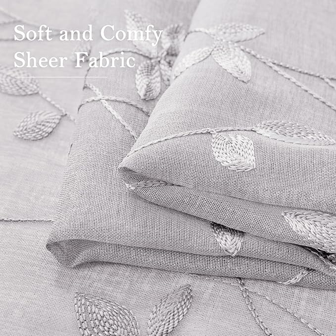 HOMEIDEAS Light Grey Sheer Curtains 52 X 84 Inches Length 2 Panels Embroidered - Image 5
