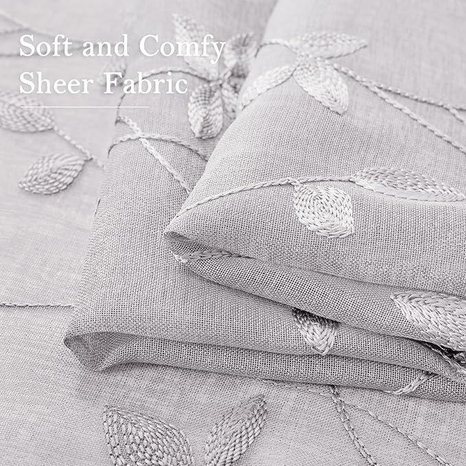 HOMEIDEAS Light Grey Sheer Curtains 52 X 63 Inches Length 2 Panels Embroidered - Image 5