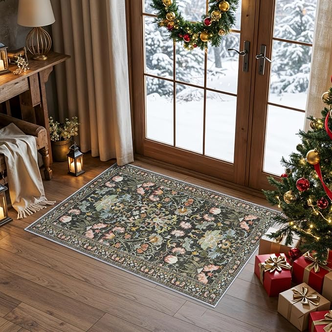 Washable 2x3 Entryway Area Rugs: Vintage Soft Floral Thin Doormat - Image 2