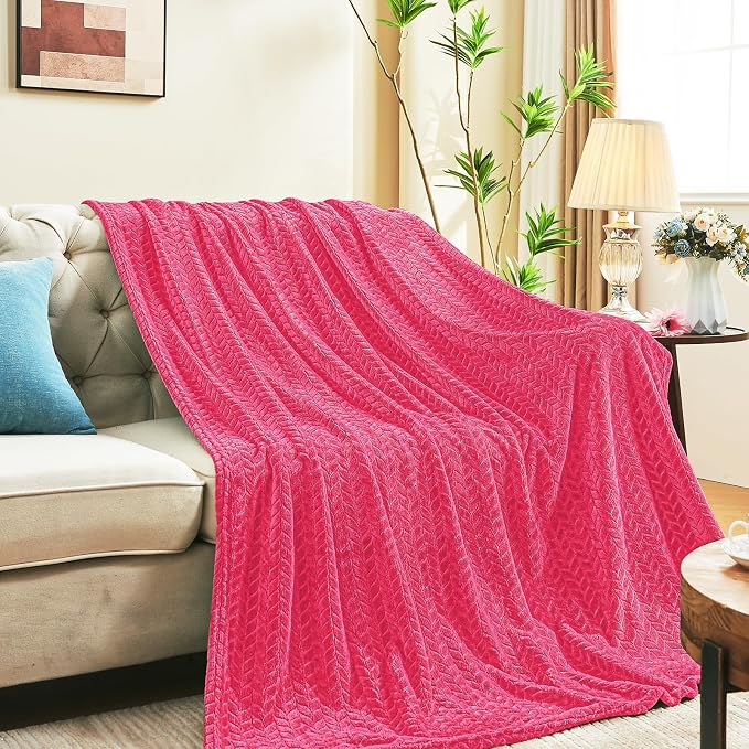 inhand Hot Pink Fleece Twin Blanket, Lightweight Leaves Pattern Fuzzy Blanket by inhand