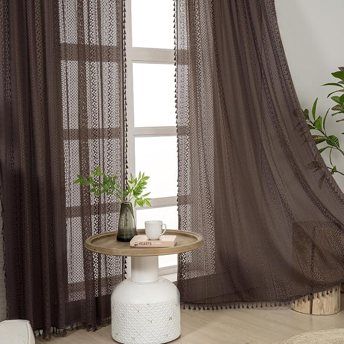 WAZZIO Boho Lace Curtains 84 Inches 2 Panel, Light Filtering Privacy Tassel & - Image 6