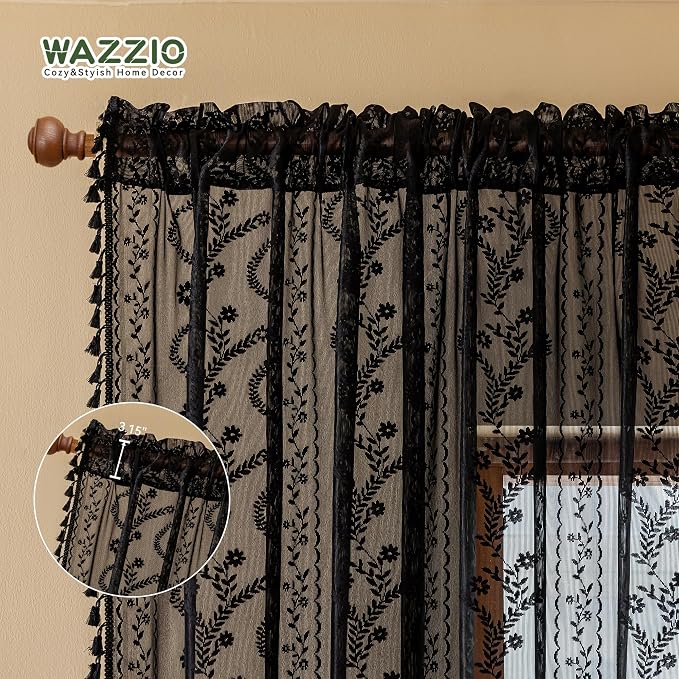 WAZZIO Boho Lace Curtains 84 Inch -Vintage Victorian Sheer Panel Drape Floral - Image 6