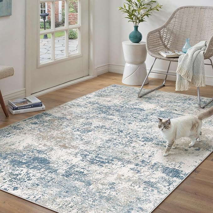 Blue 3x5 Area Rug Washable Abstract Office Carpet Modern Neutral Non Slip by PureCozy