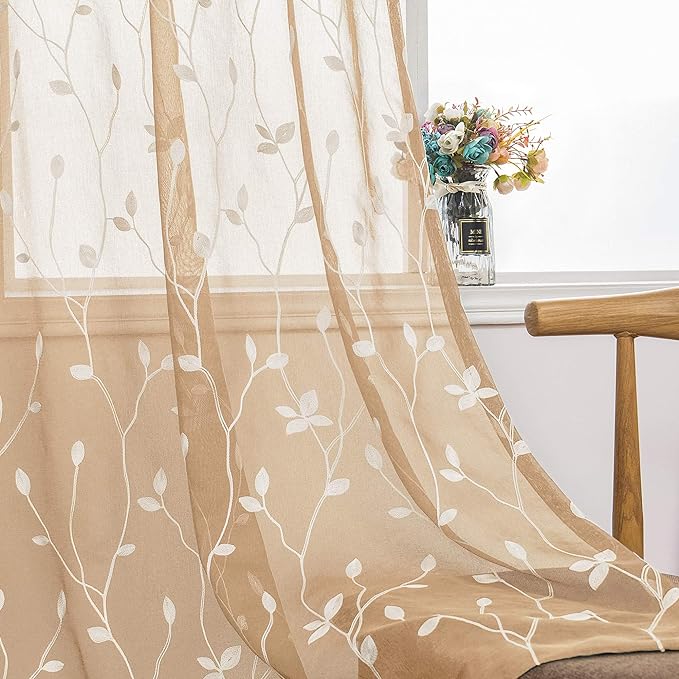 AmHoo 2 Panels Embroidered Leaf Pattern Semi Sheer Curtains Foliage Floral by AmHootextile