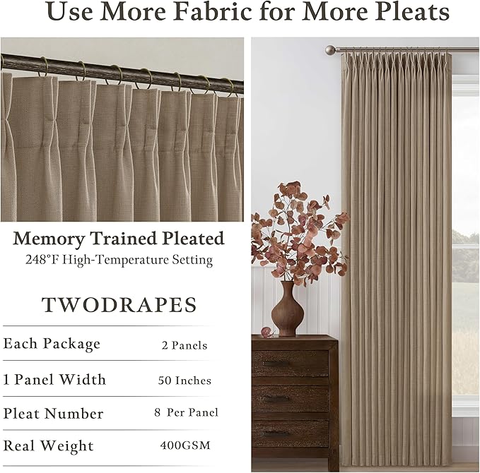 Latte Tan Pleated Linen Semi Sheer Ceiling to Floor Curtains 120 Inch Long | - Image 3