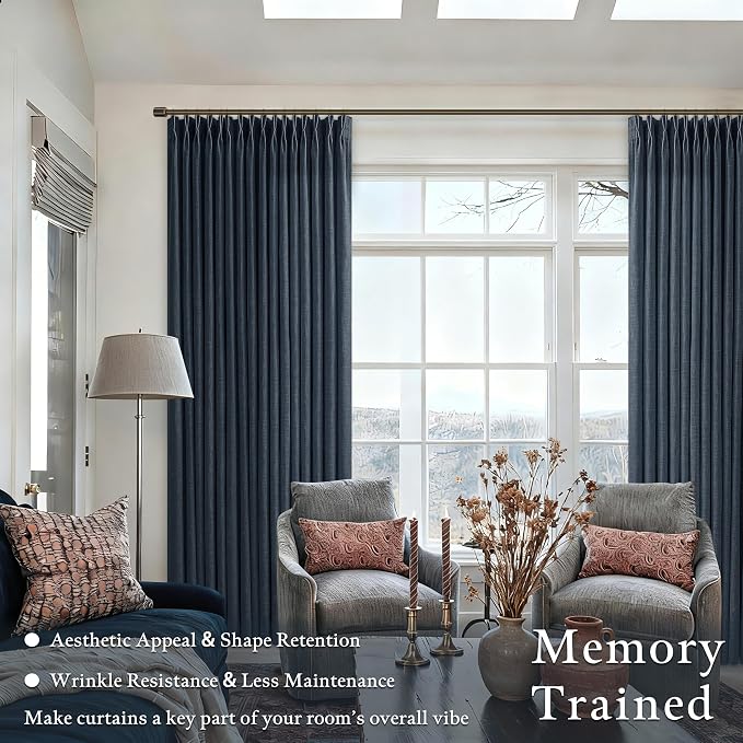 Pinch Pleat Linen Dark Blue Linen Light Filtering Curtains 72 Inch 2 Panels | - Image 2