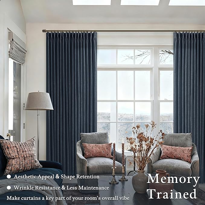 Thick Linen Pleat Dark Blue Semi Sheer Privacy Curtains 50 by 86 2 Panels | 86 - Image 2
