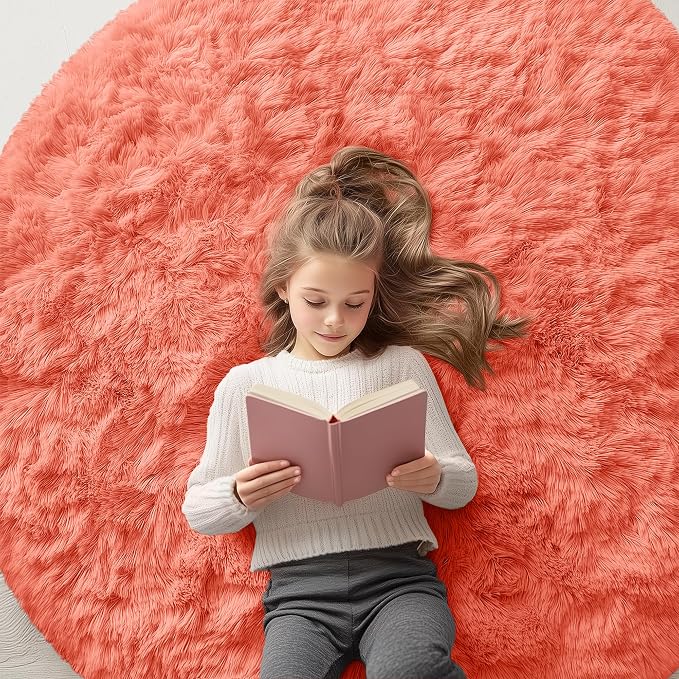 OLANLY Coral Red Round Rugs for Bedroom by OLANLY