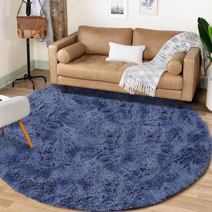 Navy Blue Round Rugs for Bedroom: 4ft Circle Fluffy Shag Soft Washable Rug - Image 6