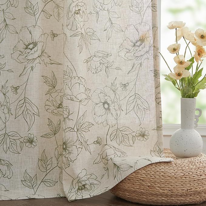 jinchan Floral Linen Curtains for Living Room 63 Inch Length Green Flower - Image 7