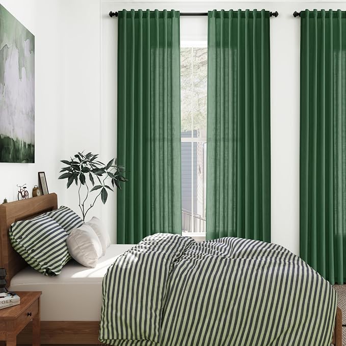 Nanspring Green Boho Curtains for Bedroom Back Tab Rod Pocket Semi Sheer Linen - Image 7