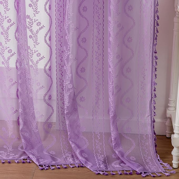 WAZZIO Boho Lace Curtains 84 Inch 2 Panels -Sheer Panel Drape Floral Pattern & - Image 6