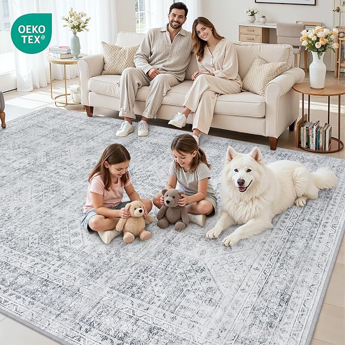 10x12 Area Rugs Living Room: Bedroom Neutral Washable Carpet Gray | Vintage - Image 7