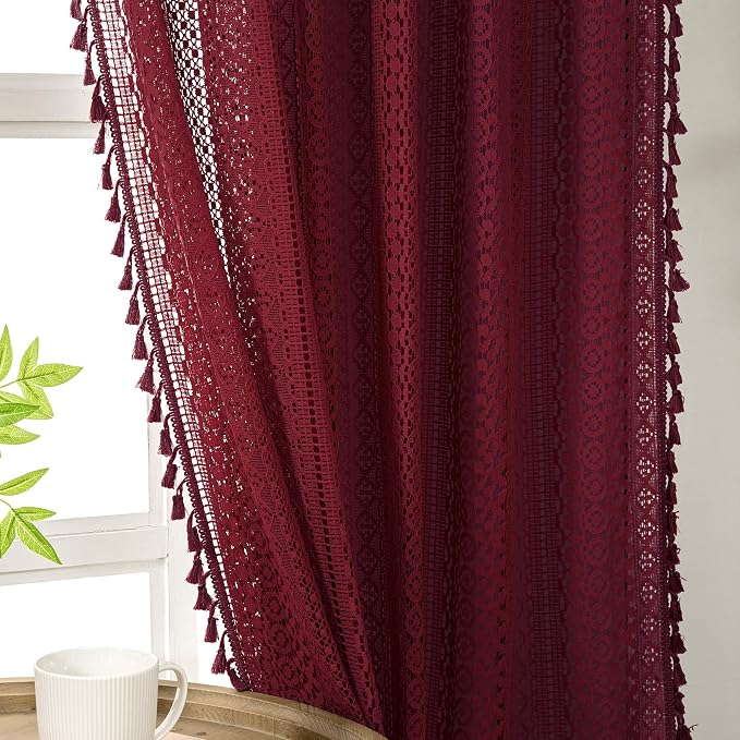 WAZZIO Boho Lace Curtains 63 Inches 2 Panel, Light Filtering Privacy Tassel & by WAZZIO