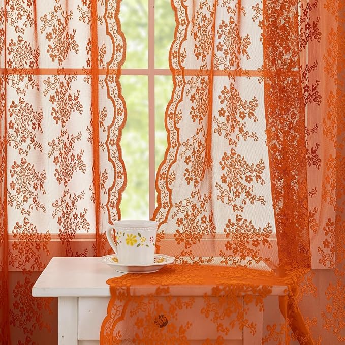 YJ YANJUN Vintage Lace Curtains 72 Inches Long-Rustic Floral Pattern Burnt by YJYANJUN