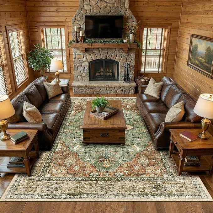 Area Rugs 10'x12' Washable Non-Slip, Floral Vintage Distress Print Pattern - Image 2
