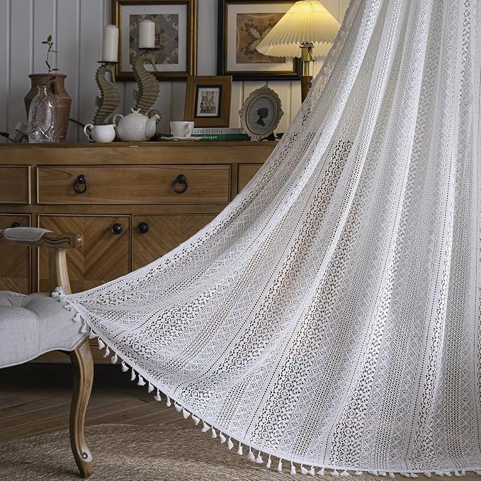 WAZZIO Boho Lace Curtains 45 Inches 2 Panel, Light Filtering Privacy Tassel & - Image 3