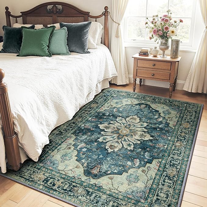 Area Rugs 4'x6' Washable Non-Slip, Floral Vintage Distress Print Pattern - Image 2