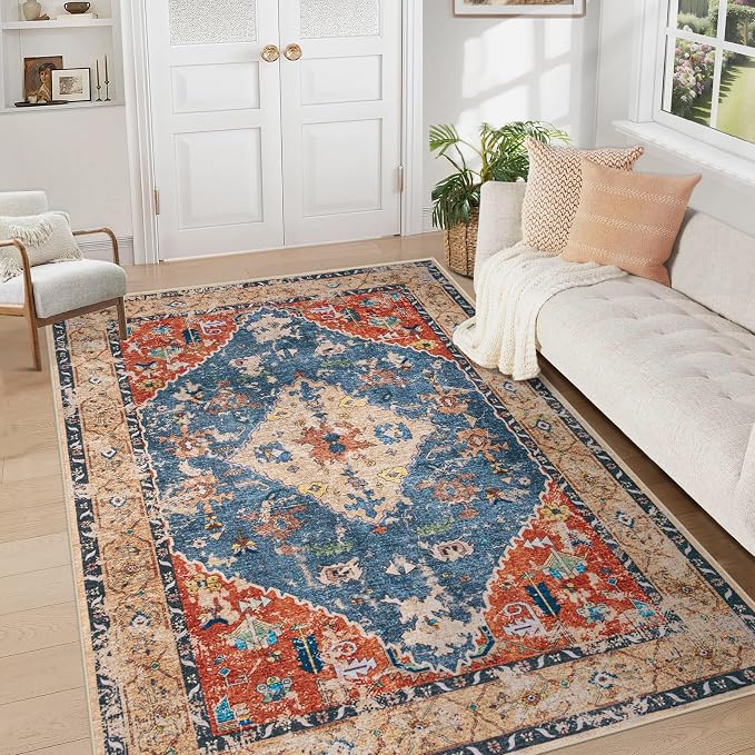 Area Rug 5x7 Washable Rug, Vintage Boho Medallion Rugs Non-Slip Soft Low Pile by VECARF
